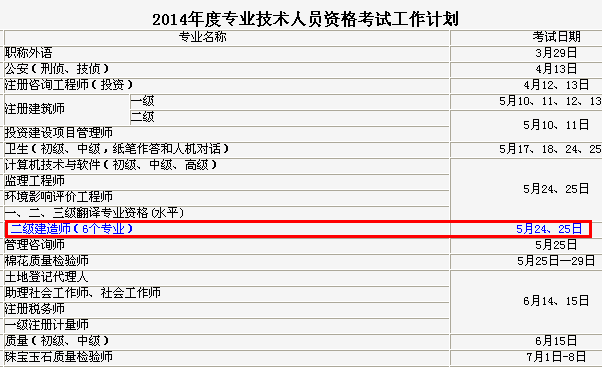 2014年吉林二級(jí)建造師考試時(shí)間為：5月24、25日